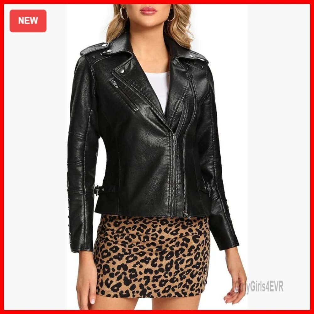 Faux Leather Moto Jacket with Rivets, Double Zip, Windproof